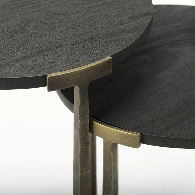 Set of Two Black and Antiqued Gold Distressed Solid Wood and Iron Round Cross Legs Nested Tables Homeroots Living Room