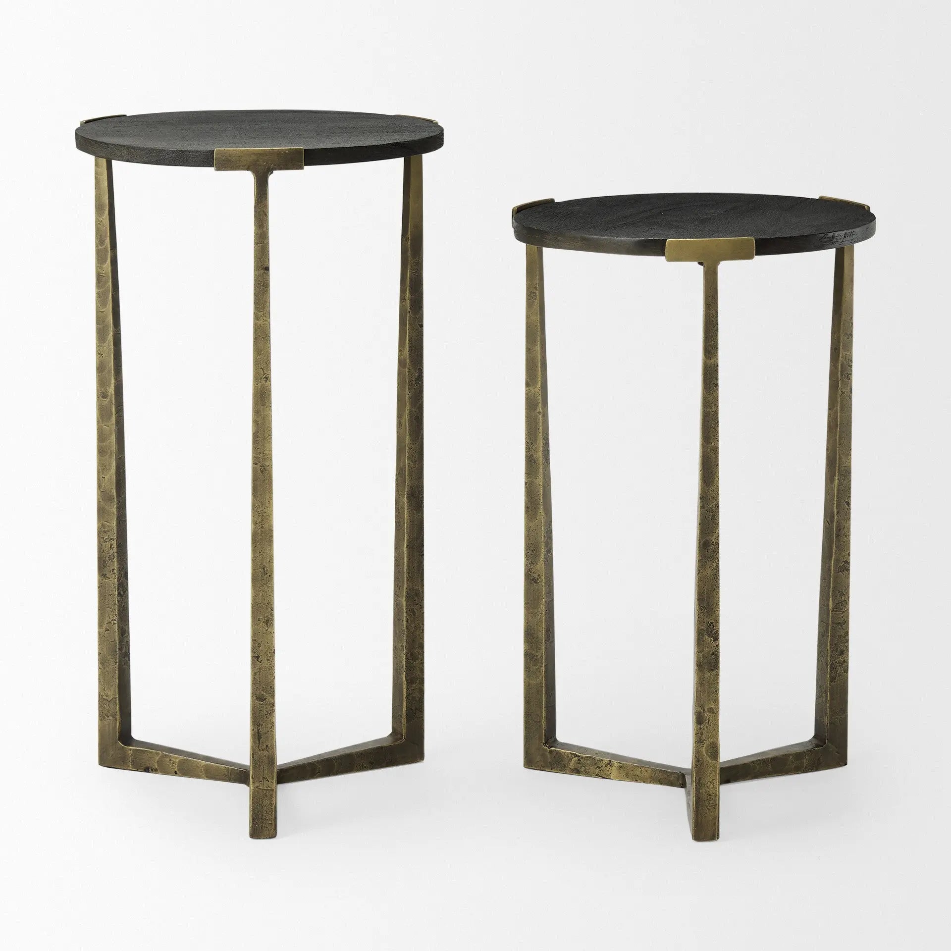 Set of Two Black and Antiqued Gold Distressed Solid Wood and Iron Round Cross Legs Nested Tables Homeroots Living Room
