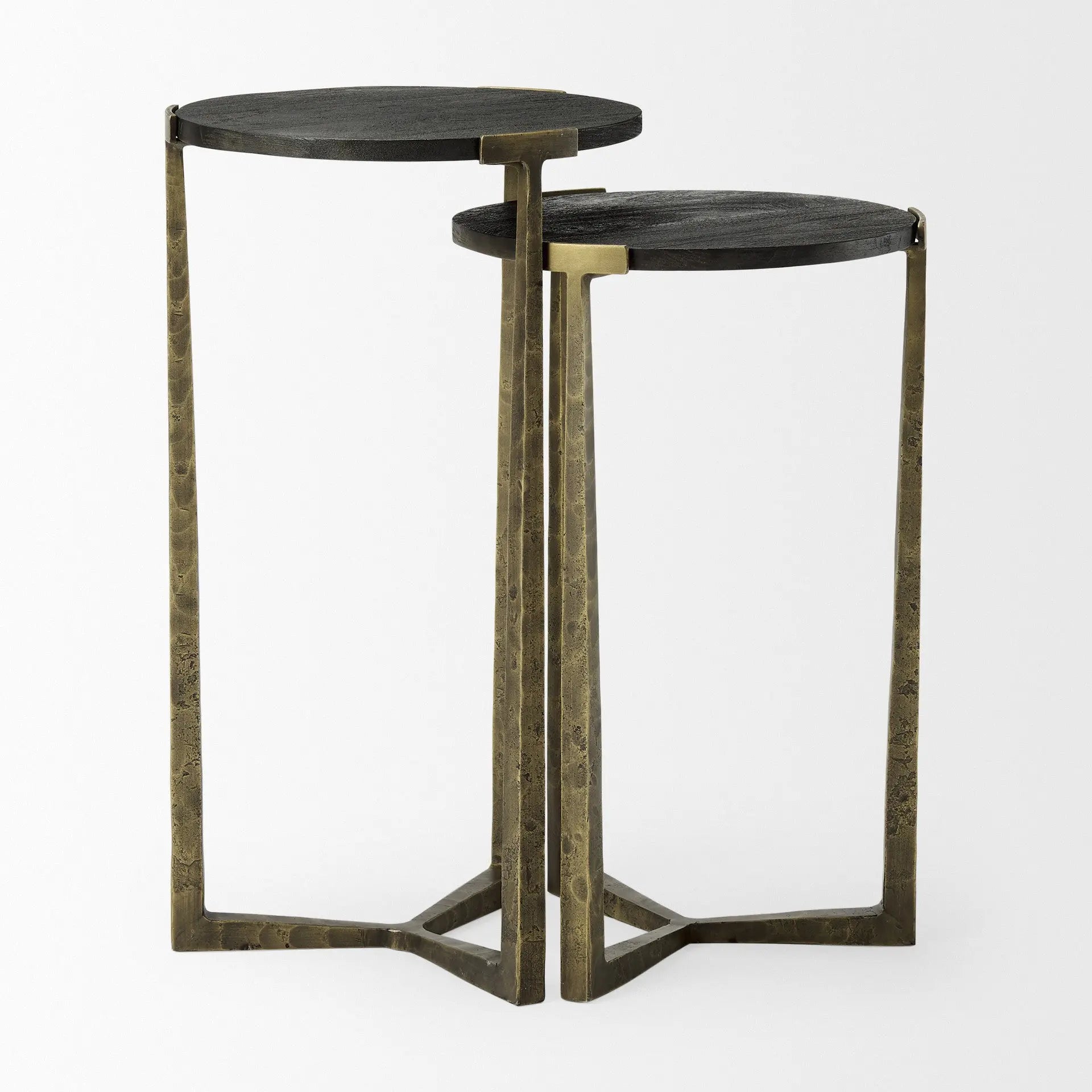 Set of Two Black and Antiqued Gold Distressed Solid Wood and Iron Round Cross Legs Nested Tables Homeroots Living Room