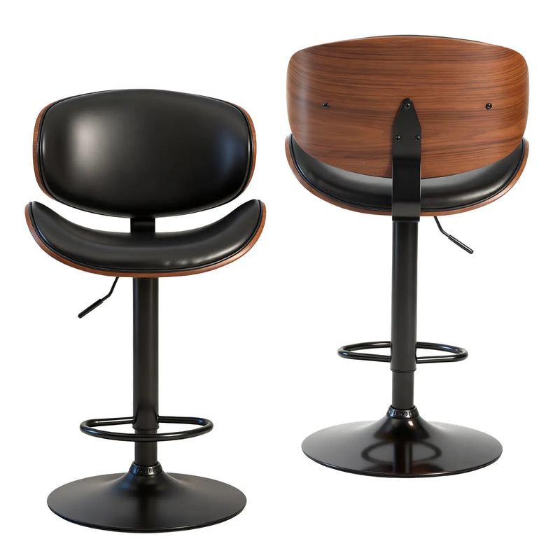 Set of Two Black and Brown Faux Leather Wood And Aluminum Adjustable Height Swivel Bar Chairs Homeroots Living Room