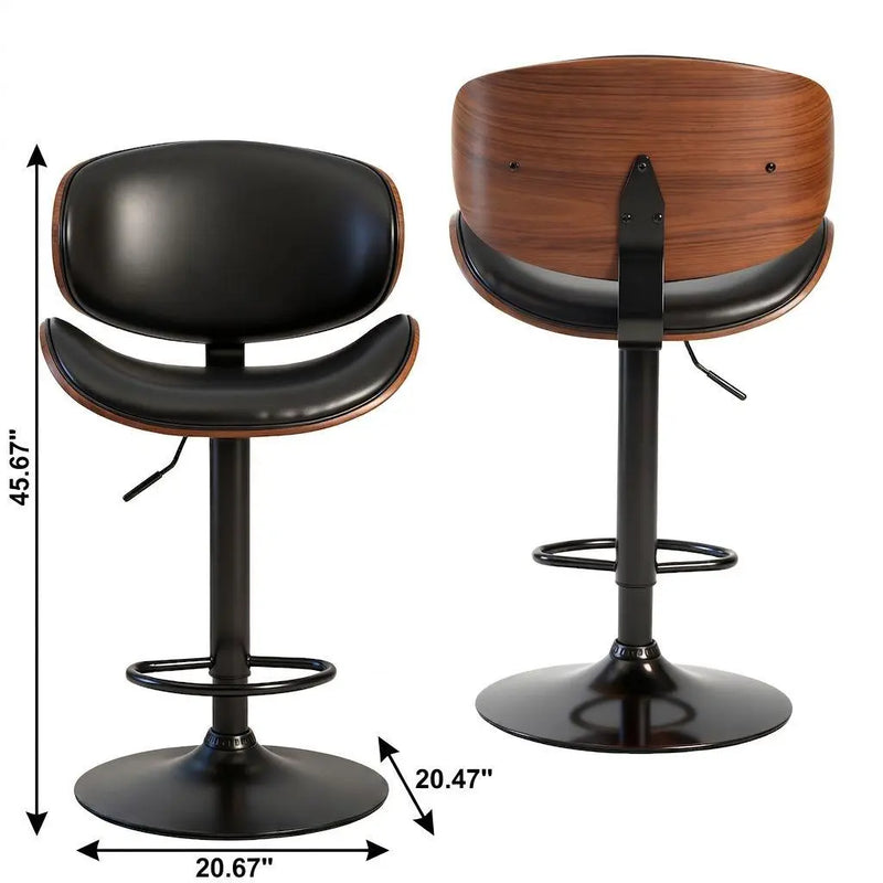Set of Two Black and Brown Faux Leather Wood And Aluminum Adjustable Height Swivel Bar Chairs Homeroots Living Room