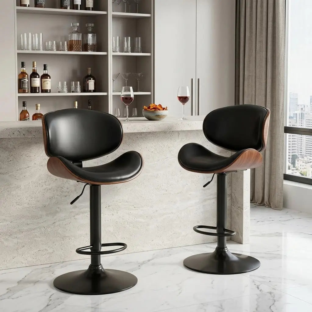Set of Two Black and Brown Faux Leather Wood And Aluminum Adjustable Height Swivel Bar Chairs Homeroots Living Room