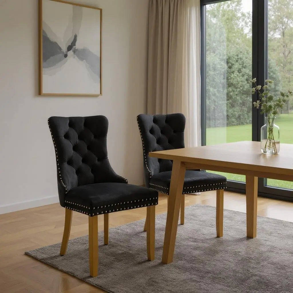 Set of Two Black and Gold Tufted Velvet Dining Side Chairs Homeroots Kitchen & Dining