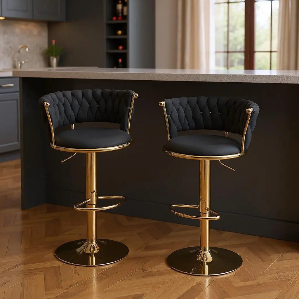 Set of Two Black and Gold Velvet and Metal Low Back Adjustable Height Swivel Bar Chairs Homeroots Living Room