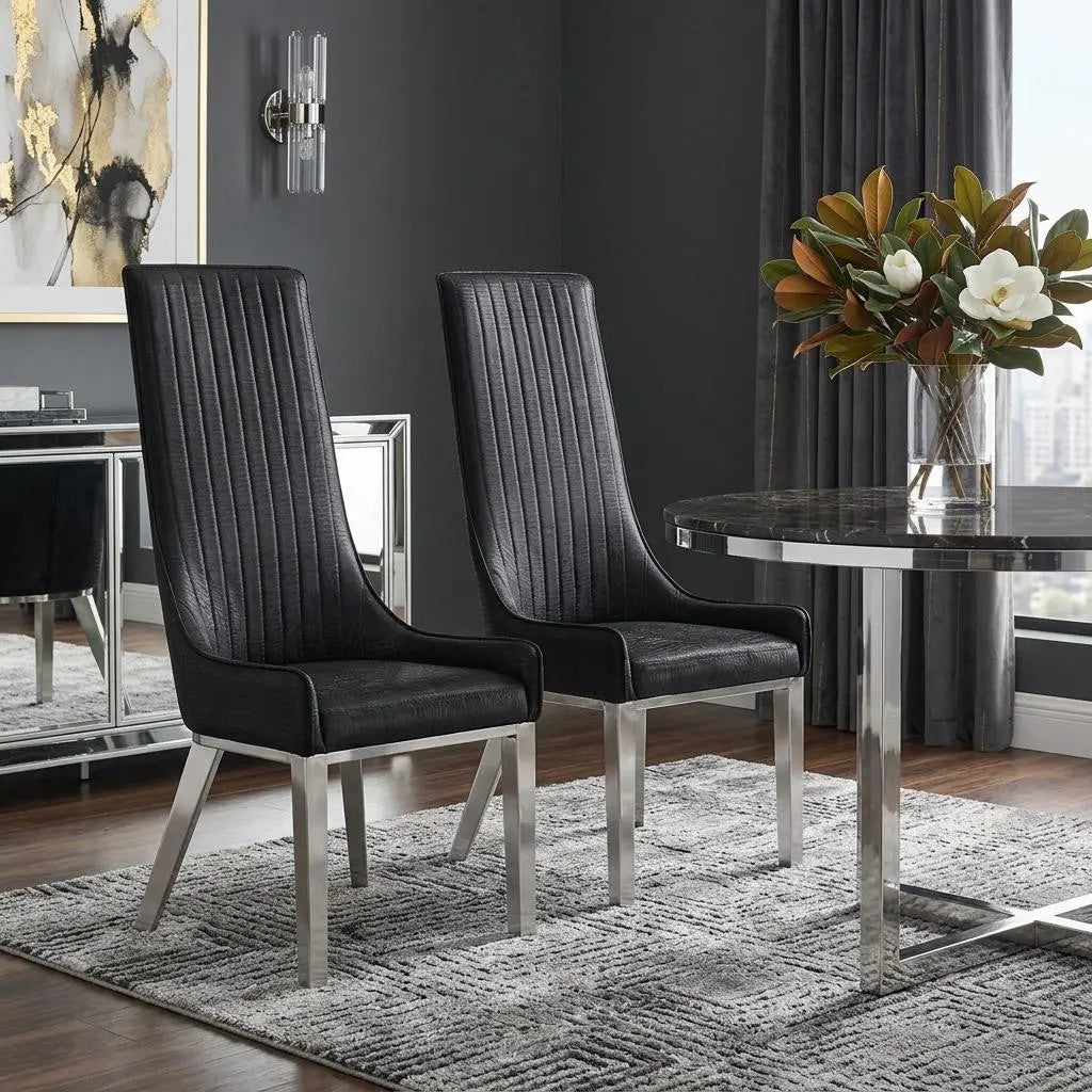 Set of Two Black and Silver Faux Leather Dining Side Chairs Homeroots Kitchen & Dining