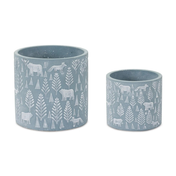 Set of Two Blue And White Cement 4 Ounce Abstract Round Pot Planters Homeroots Home Decor