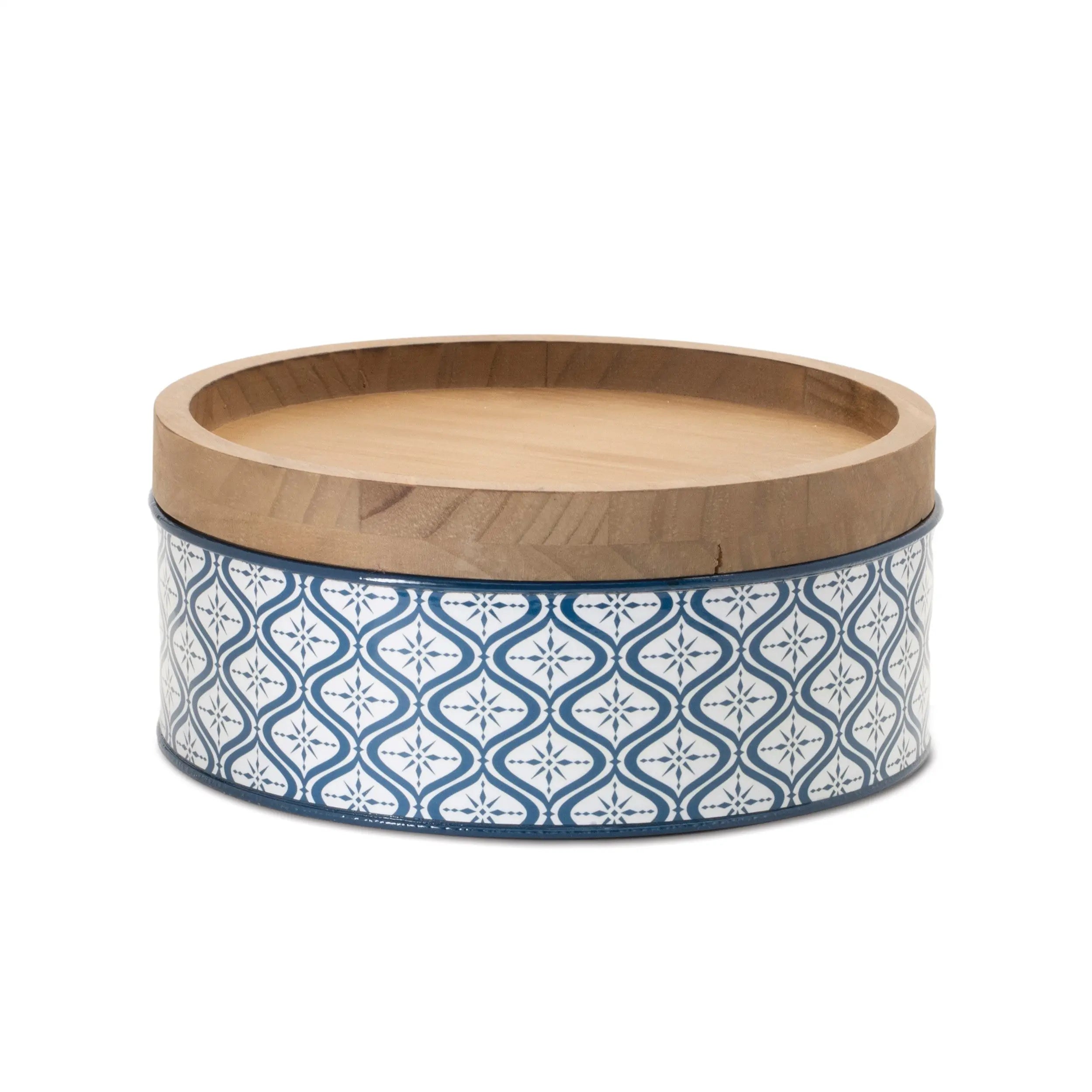 Set of Two Blue And White Metal And Solid Wood Geometric Storage Canisters Homeroots Kitchen & Dining