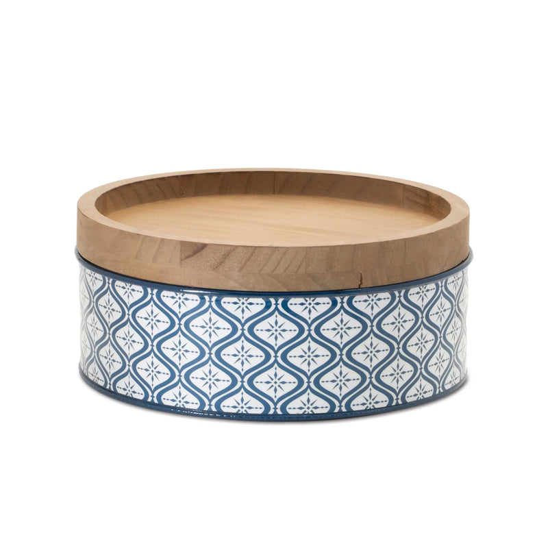 Set of Two Blue And White Metal And Solid Wood Geometric Storage Canisters Homeroots Kitchen & Dining