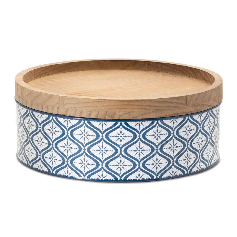 Set of Two Blue And White Metal And Solid Wood Geometric Storage Canisters Homeroots Kitchen & Dining
