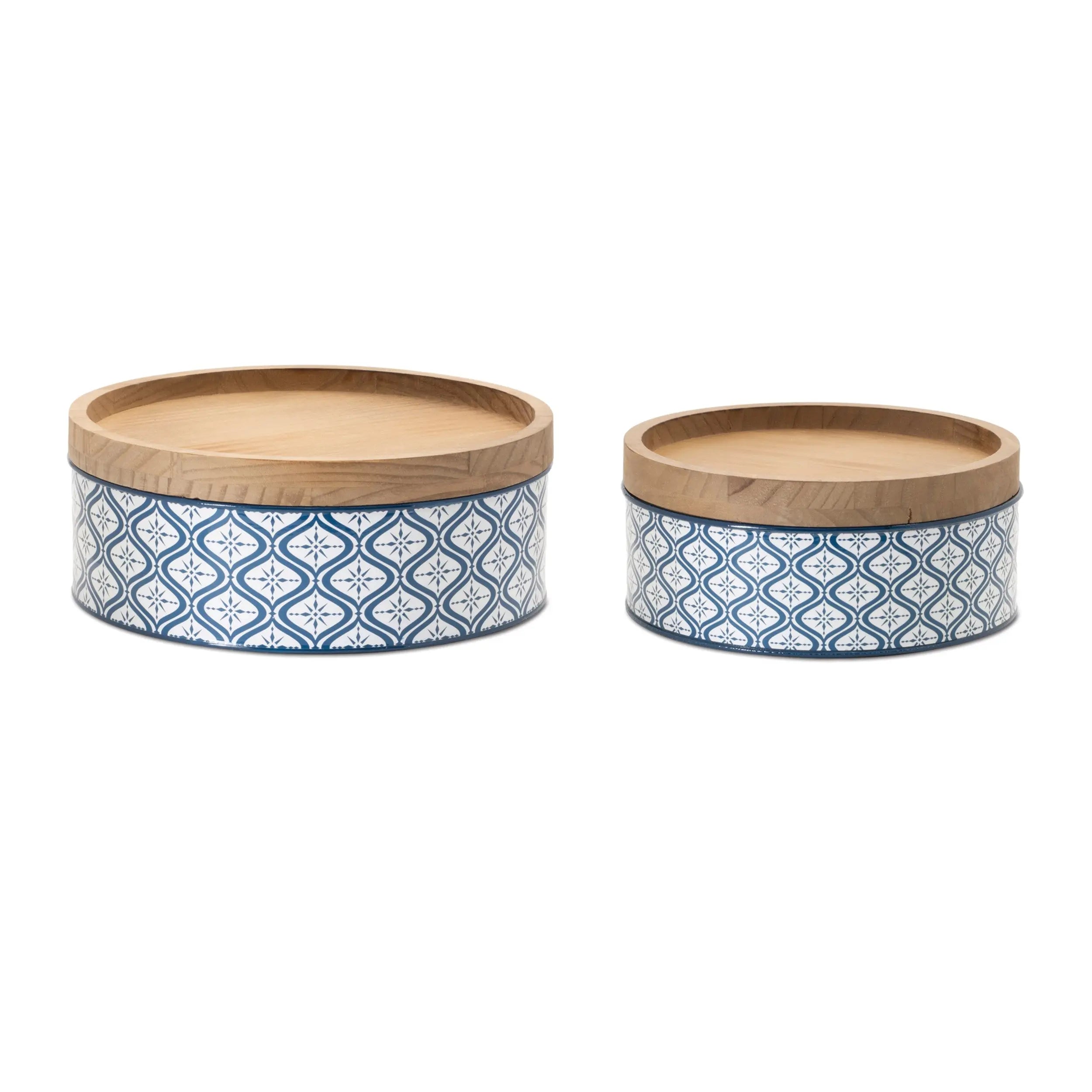 Set of Two Blue And White Metal And Solid Wood Geometric Storage Canisters Homeroots Kitchen & Dining