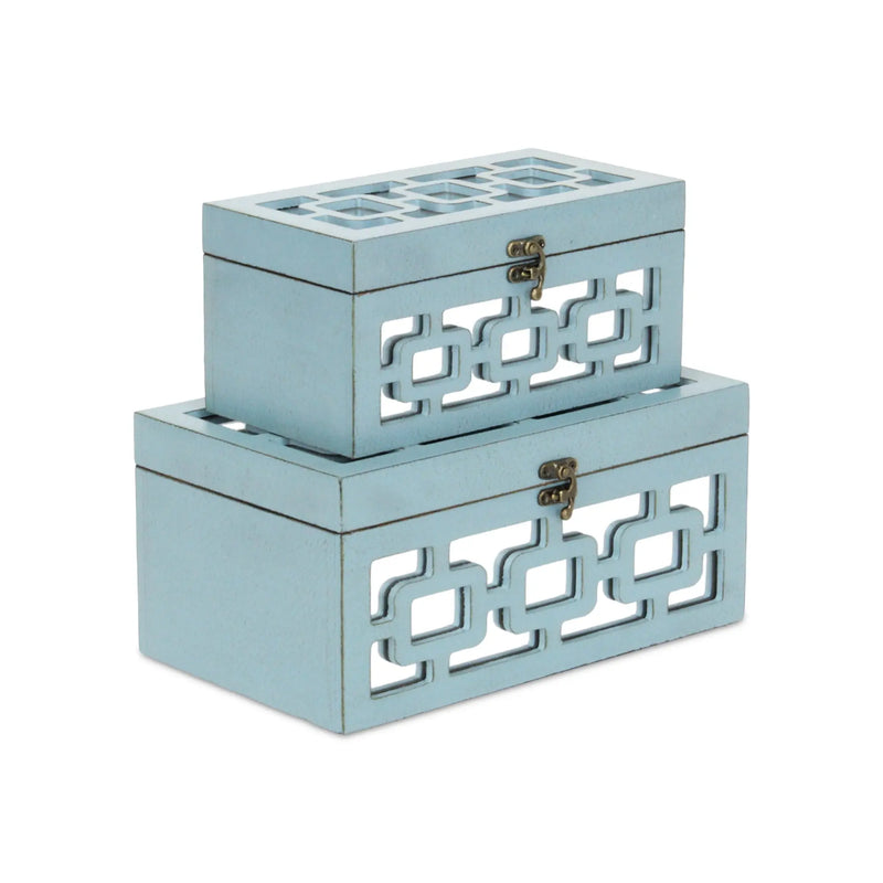 Set of Two Blue And White Nesting Wood And Mirrored Glass Organizing Box With Lid Homeroots Office