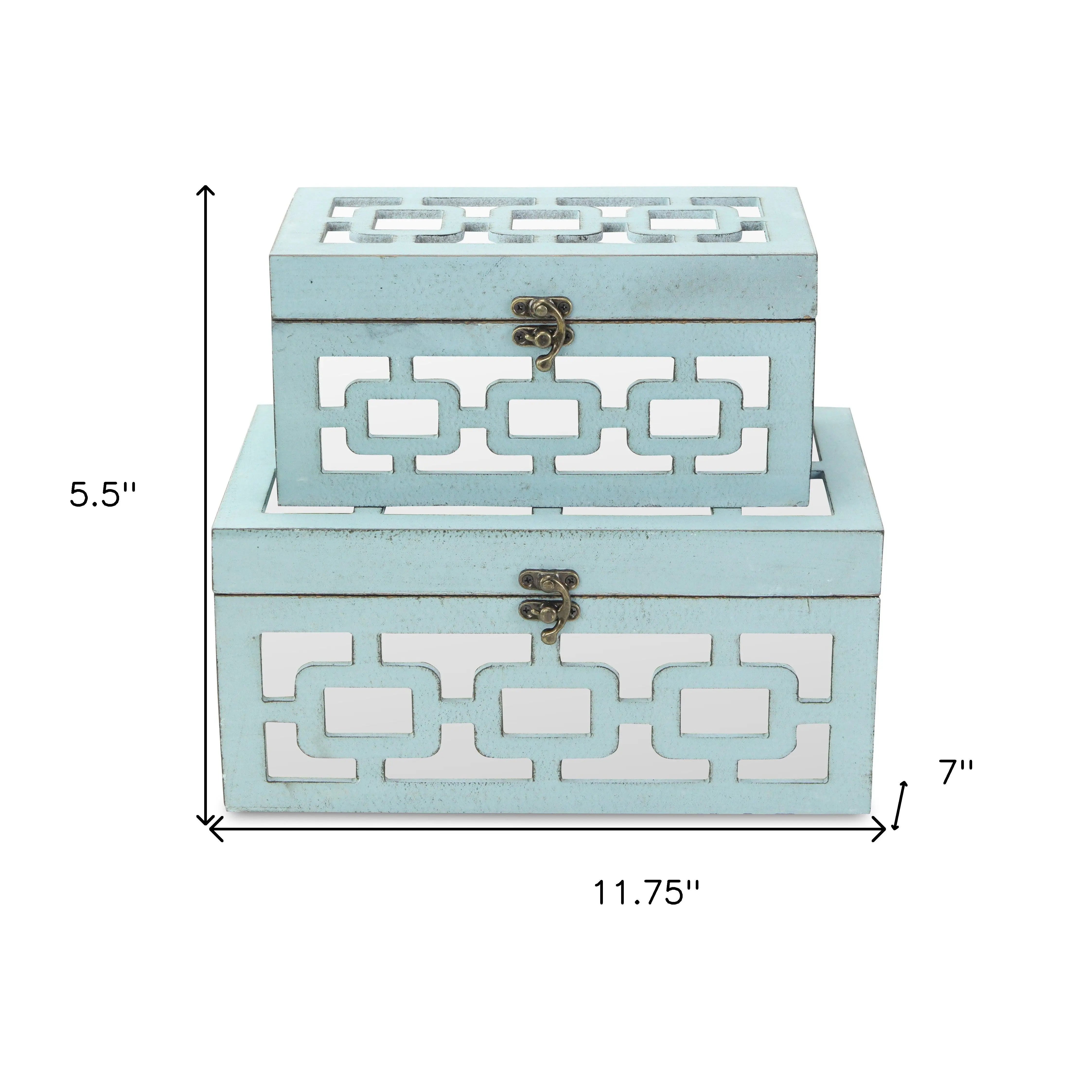 Set of Two Blue And White Nesting Wood And Mirrored Glass Organizing Box With Lid Homeroots Office