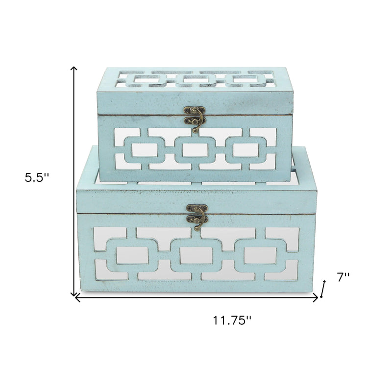 Set of Two Blue And White Nesting Wood And Mirrored Glass Organizing Box With Lid Homeroots Office