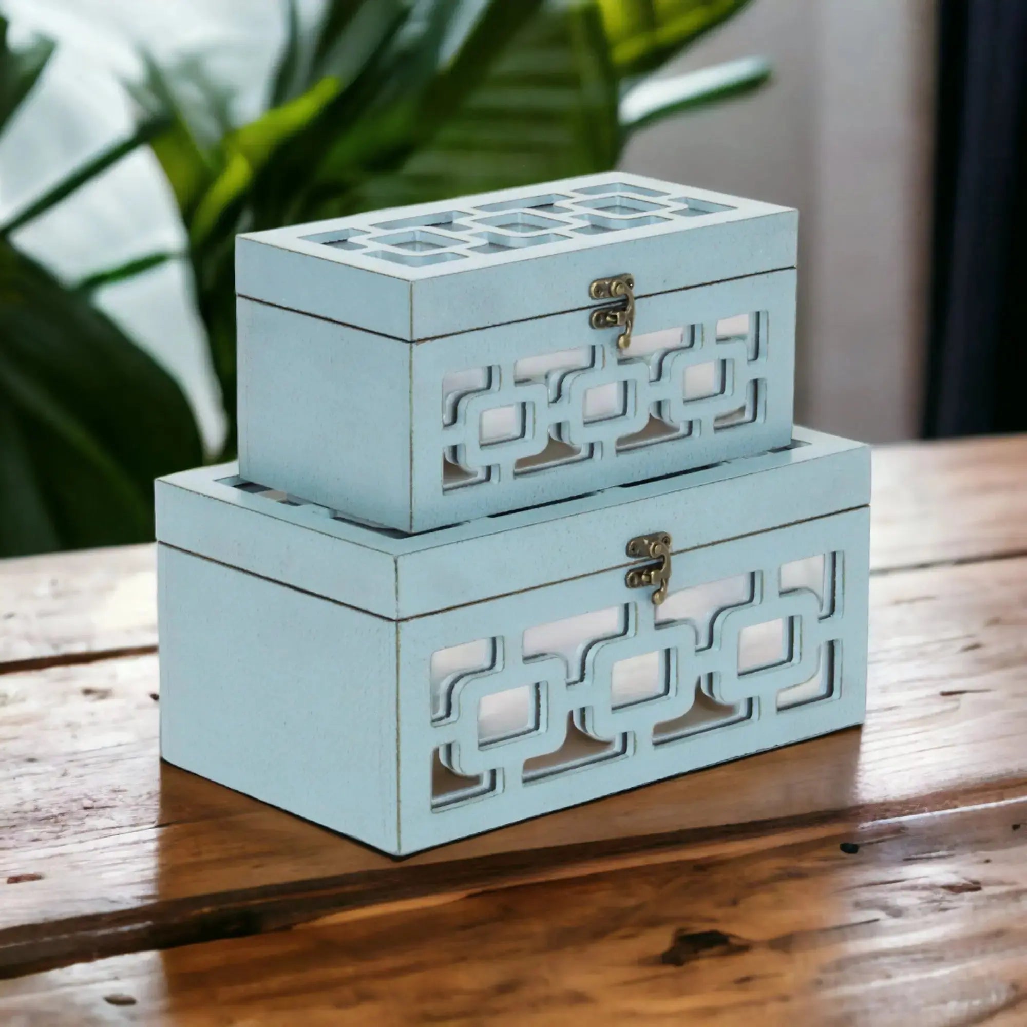 Set of Two Blue And White Nesting Wood And Mirrored Glass Organizing Box With Lid Homeroots Office