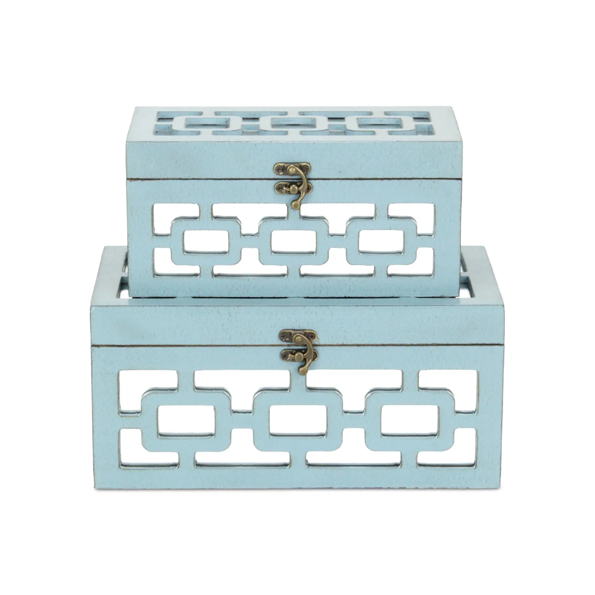 Set of Two Blue And White Nesting Wood And Mirrored Glass Organizing Box With Lid Homeroots Office