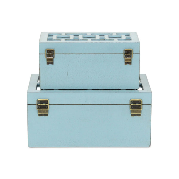 Set of Two Blue And White Nesting Wood And Mirrored Glass Organizing Box With Lid Homeroots Office