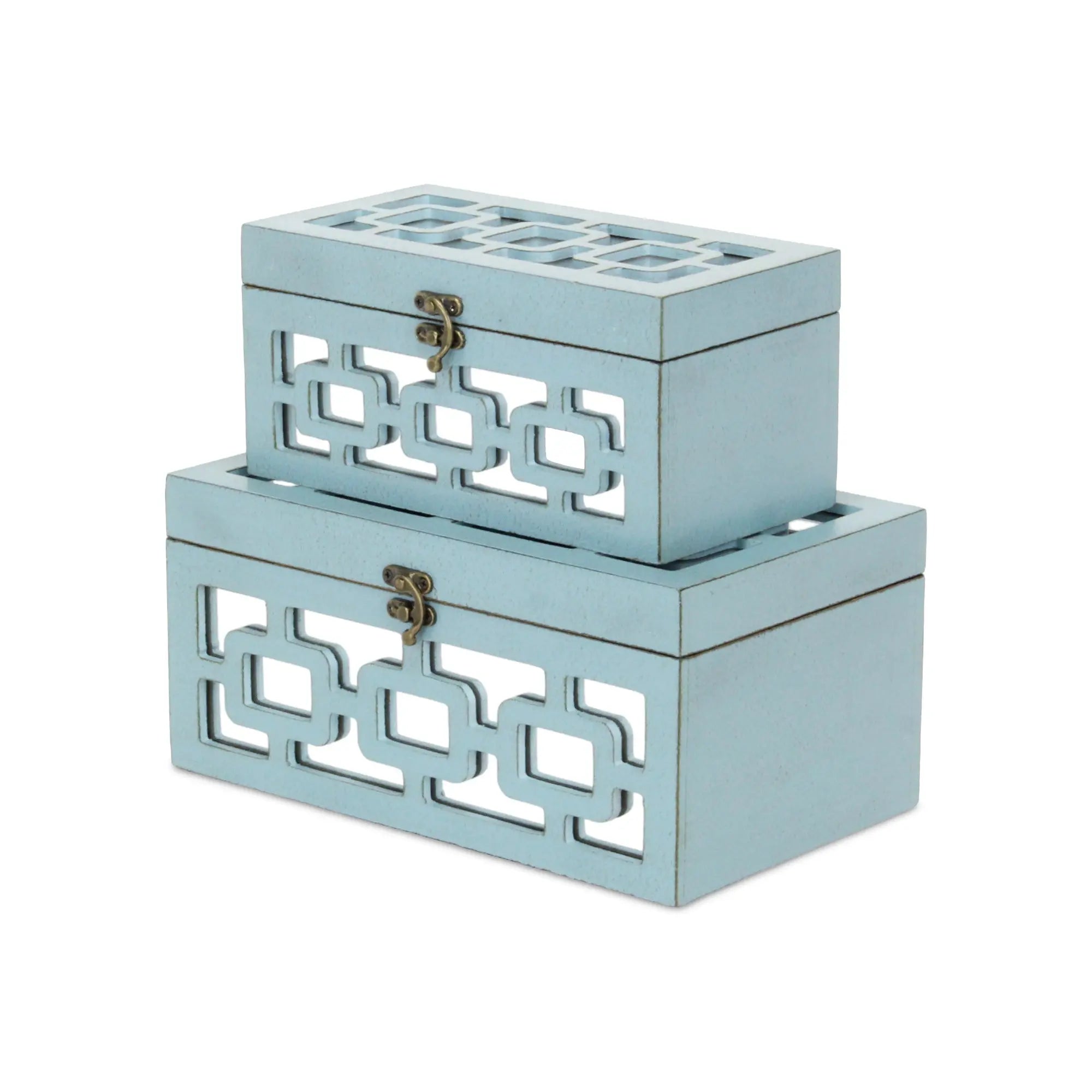 Set of Two Blue And White Nesting Wood And Mirrored Glass Organizing Box With Lid Homeroots Office