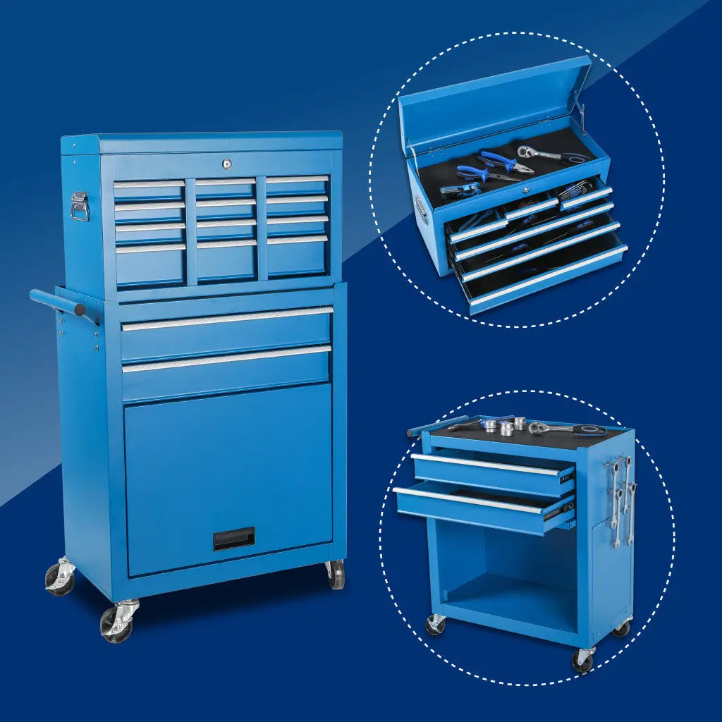 Set of Two Blue Multi-Tier Steel Rolling Cabinet With Lid - GreatEagleInc