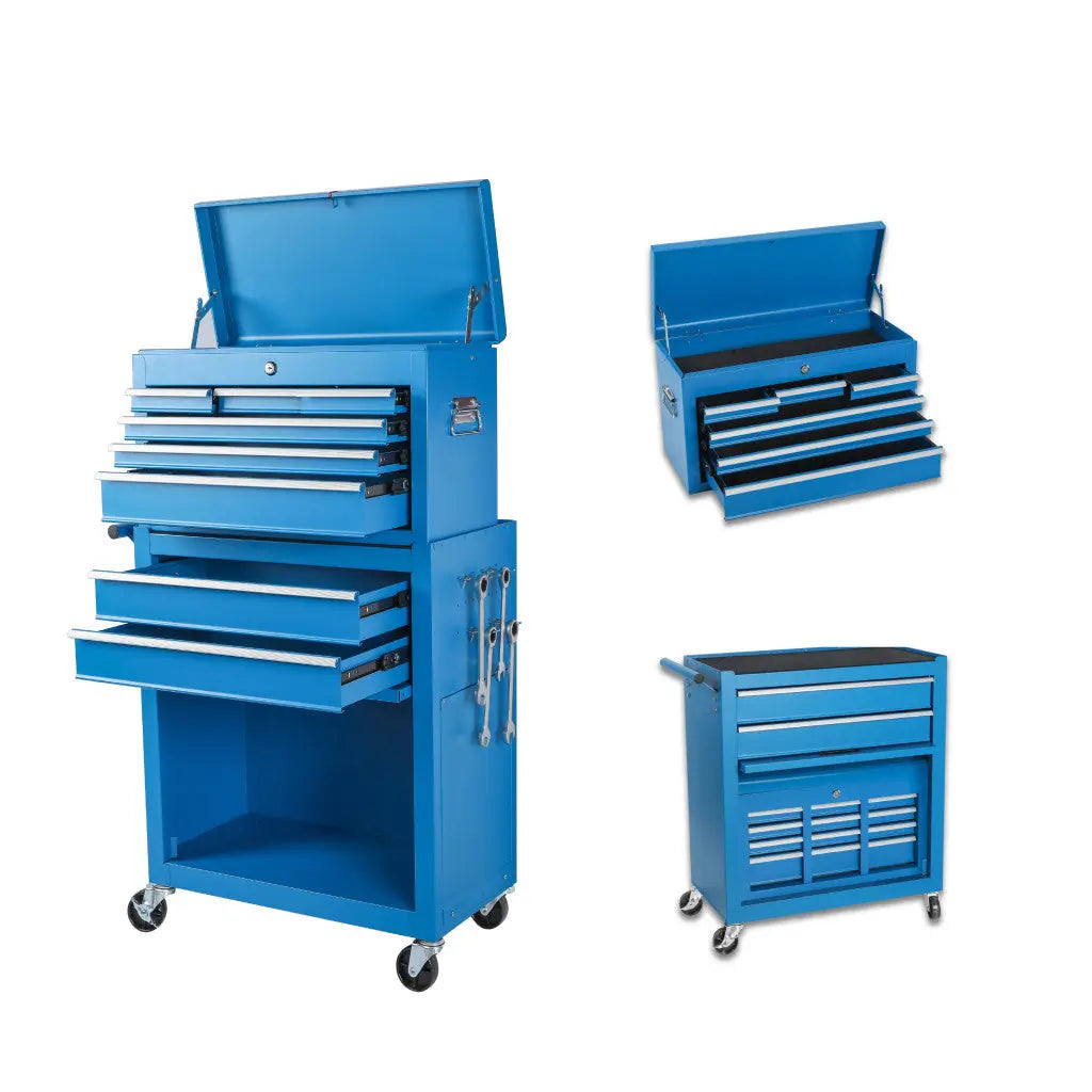 Set of Two Blue Multi-Tier Steel Rolling Cabinet With Lid - GreatEagleInc