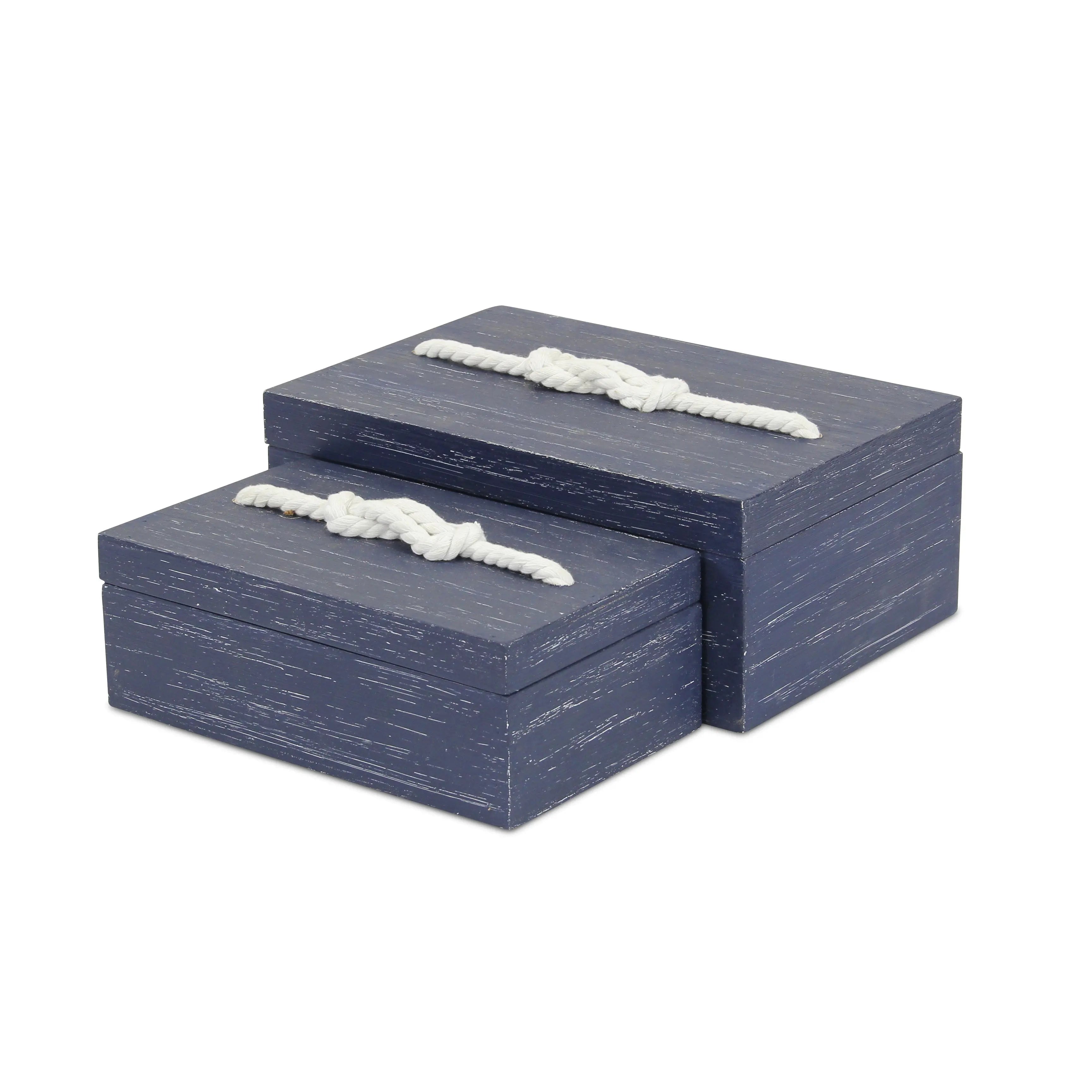 Set of Two Blue Nesting Solid Wood Organizing Box With Lid Homeroots Office