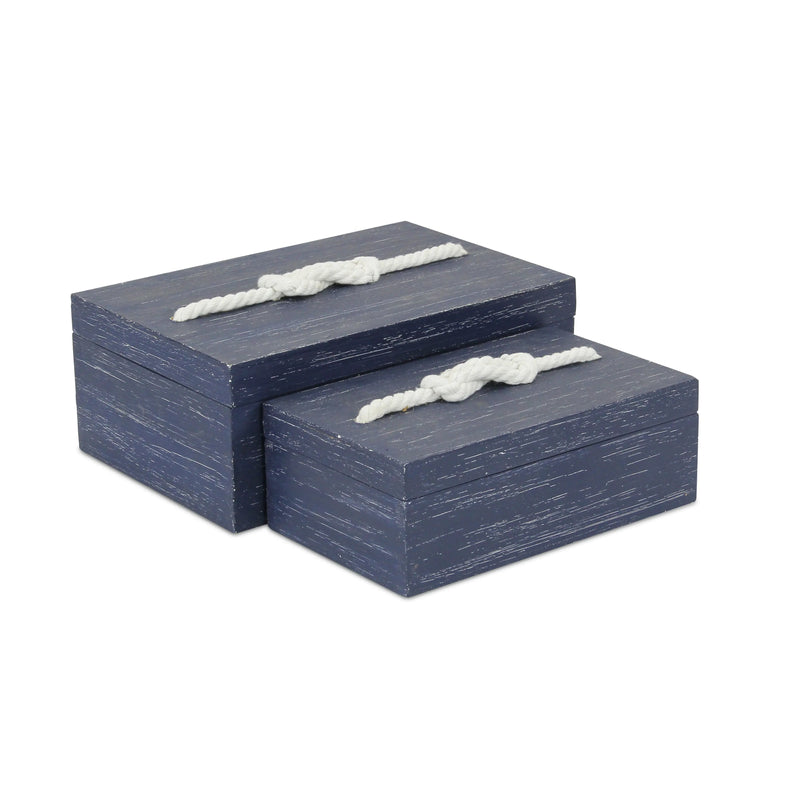 Set of Two Blue Nesting Solid Wood Organizing Box With Lid Homeroots Office