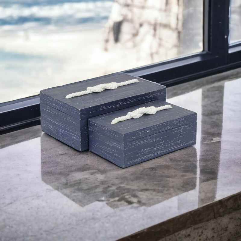 Set of Two Blue Nesting Solid Wood Organizing Box With Lid Homeroots Office