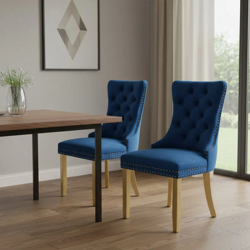 Set of Two Blue and Gold Tufted Velvet Dining Side Chairs Homeroots Kitchen & Dining