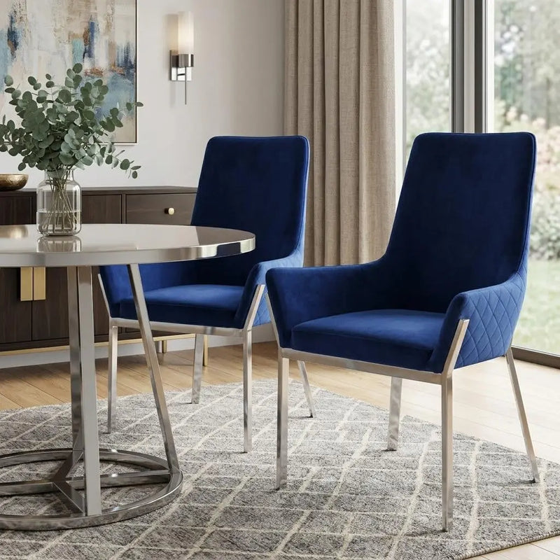 Set of Two Blue and Silver Velvet Dining Side Chairs Homeroots Kitchen & Dining