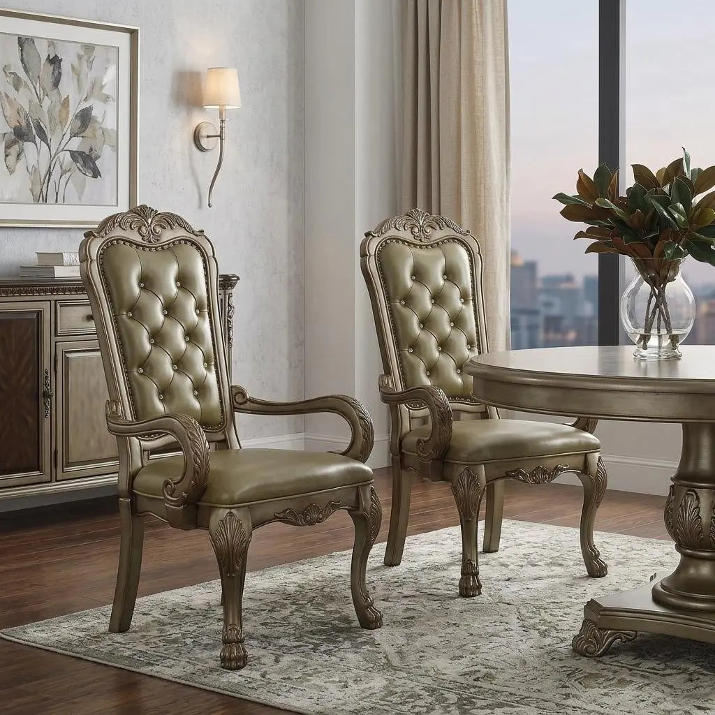 Set of Two Bone Tufted Faux Leather Dining Arm Chairs Homeroots Kitchen & Dining