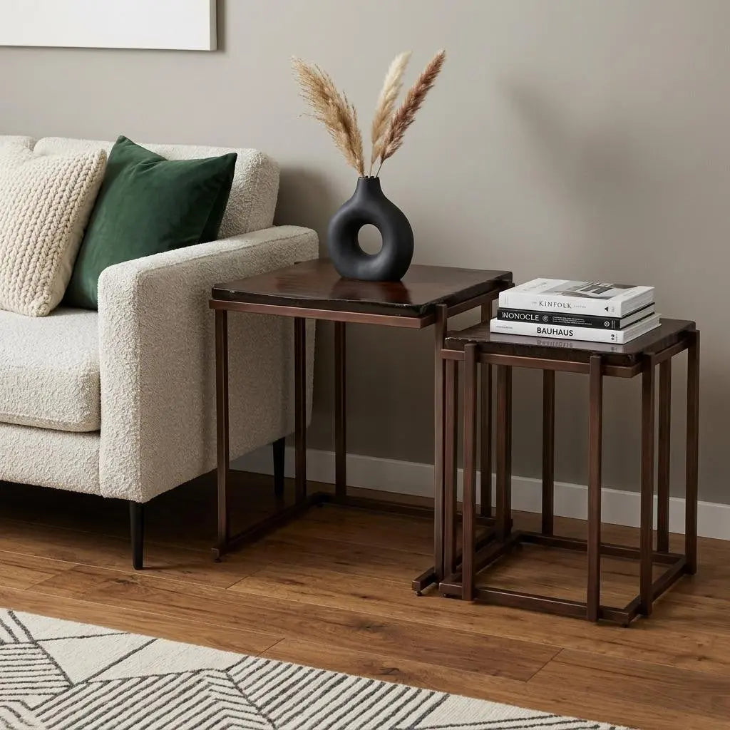 Set of Two Bronze Glass and Iron Square Frame Nested Tables Homeroots Living Room