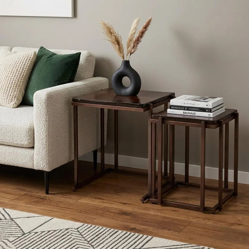 Set of Two Bronze Glass and Iron Square Frame Nested Tables Homeroots Living Room