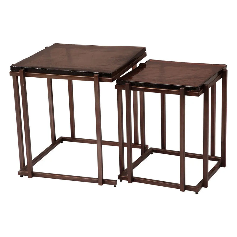 Set of Two Bronze Glass and Iron Square Frame Nested Tables Homeroots Living Room