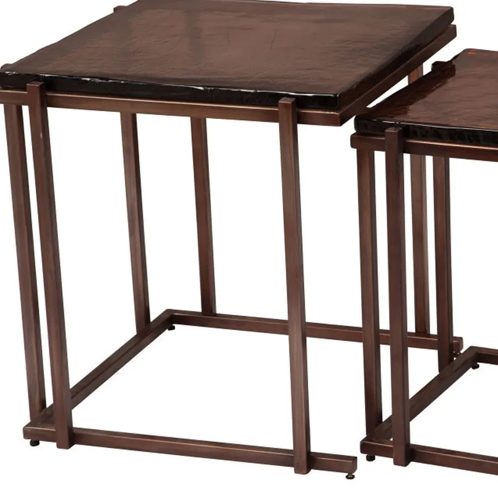 Set of Two Bronze Glass and Iron Square Frame Nested Tables Homeroots Living Room