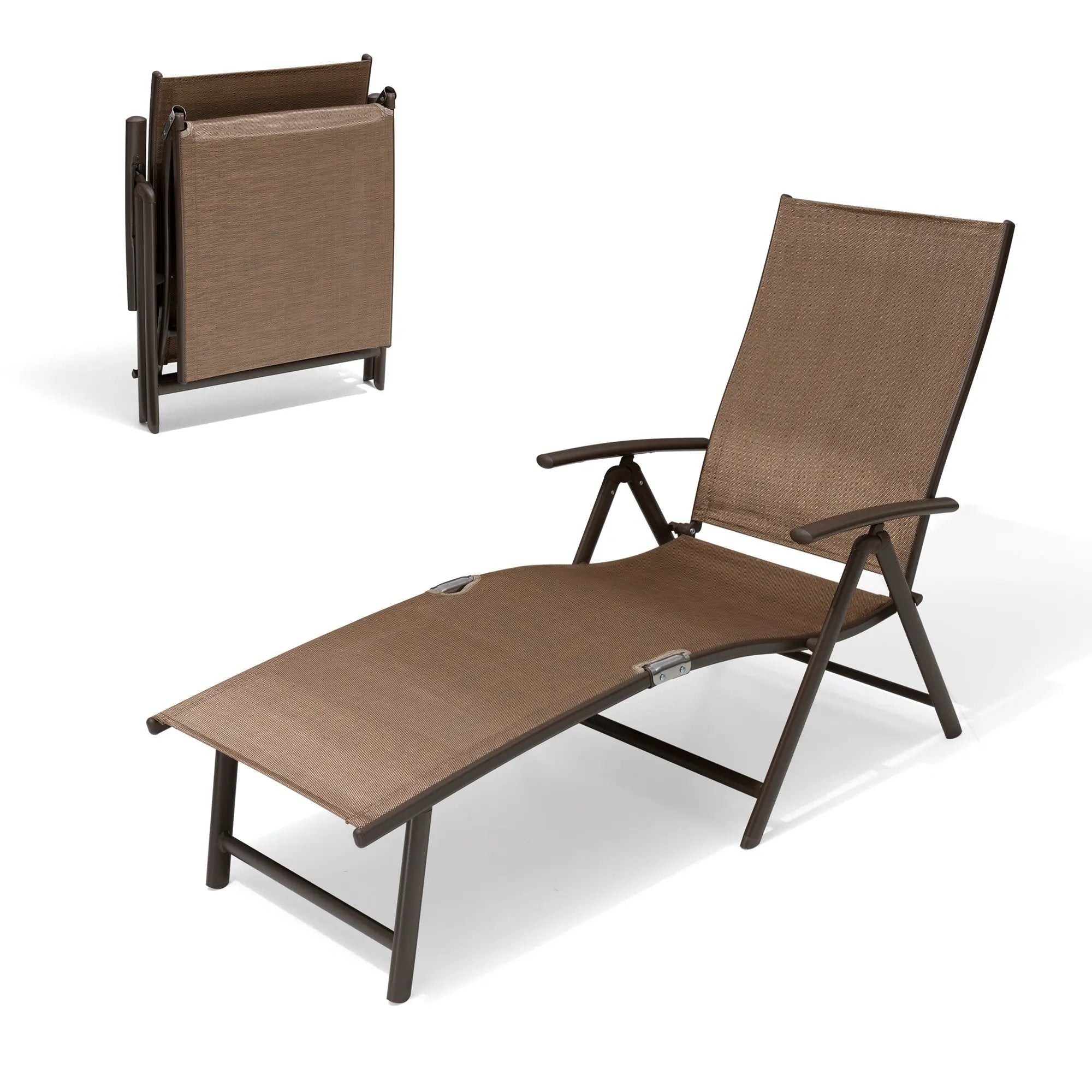 Set of Two Brown Aluminum Eight Position Adjustable Outdoor Folding Chaise Lounges Homeroots Outdoor