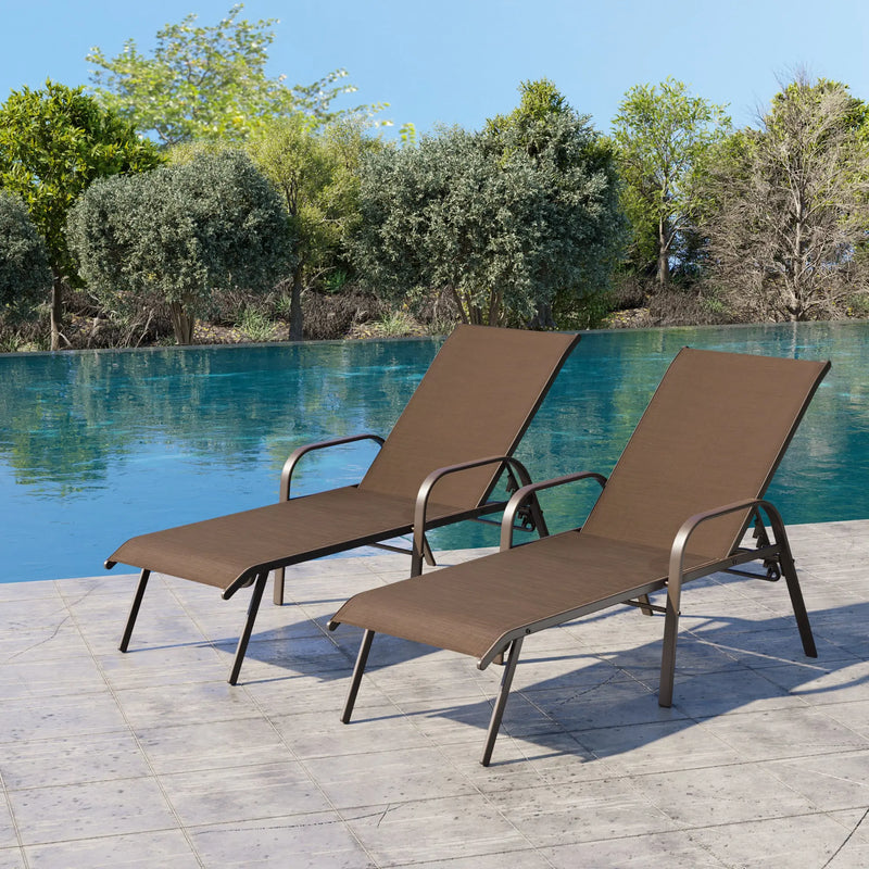 Set of Two Brown Aluminum Six Position Adjustable Outdoor Chaise Lounges Homeroots Outdoor
