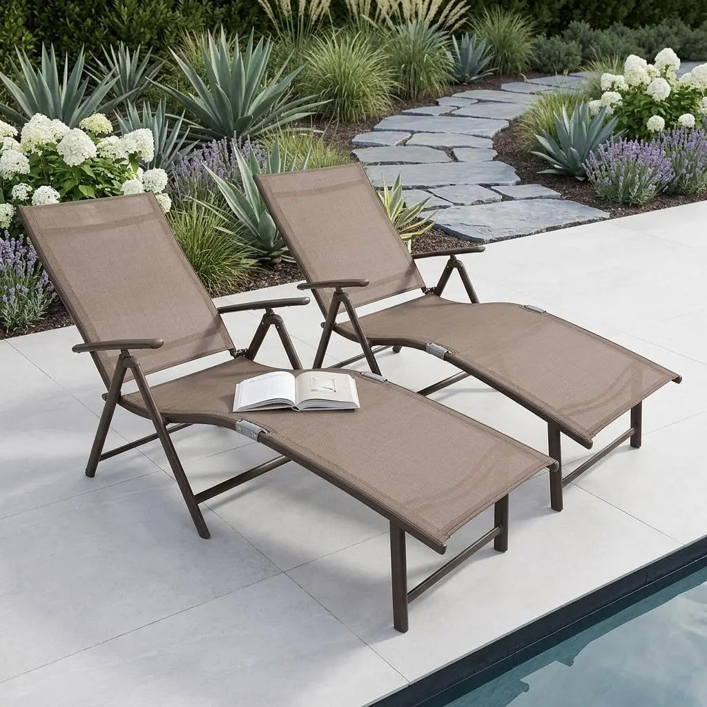 Set of Two Brown Aluminum Six Position Adjustable Outdoor Chaise Lounges Homeroots Outdoor