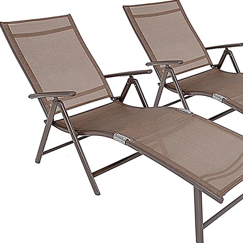 Set of Two Brown Aluminum Six Position Adjustable Outdoor Chaise Lounges Homeroots Outdoor