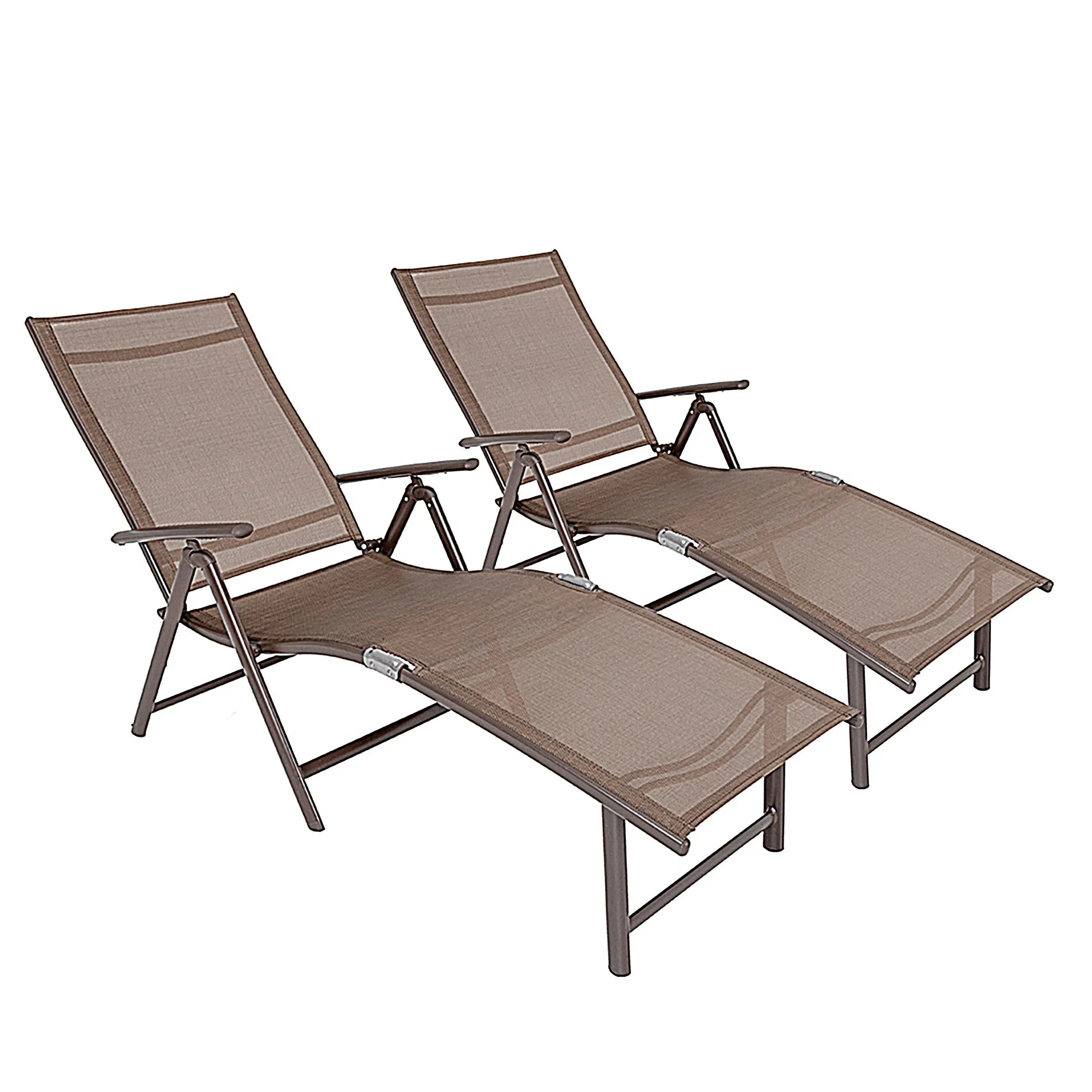 Set of Two Brown Aluminum Six Position Adjustable Outdoor Chaise Lounges Homeroots Outdoor