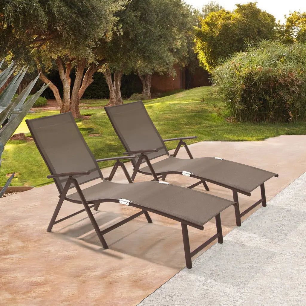 Set of Two Brown Aluminum Six Position Adjustable Outdoor Chaise Lounges Homeroots Outdoor