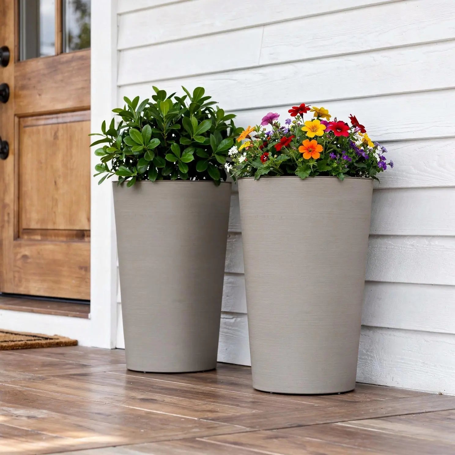 Set of Two Brown Heavy Duty Plastic Cylindrical Planter Pots Homeroots Outdoor