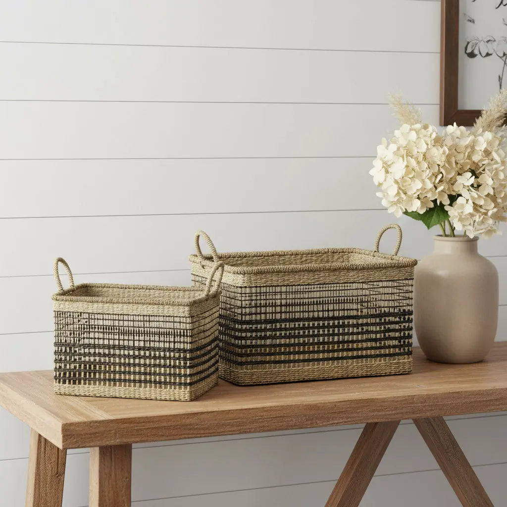 Set of Two Brown Nesting Water Hyacinth Basket Homeroots Office