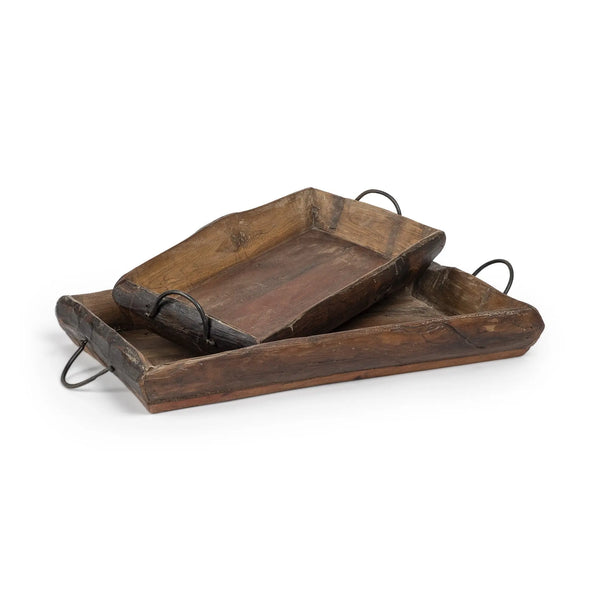 Set of Two Brown Rectangular Wood Indoor Outdoor Serving Tray With Handles Homeroots Kitchen & Dining