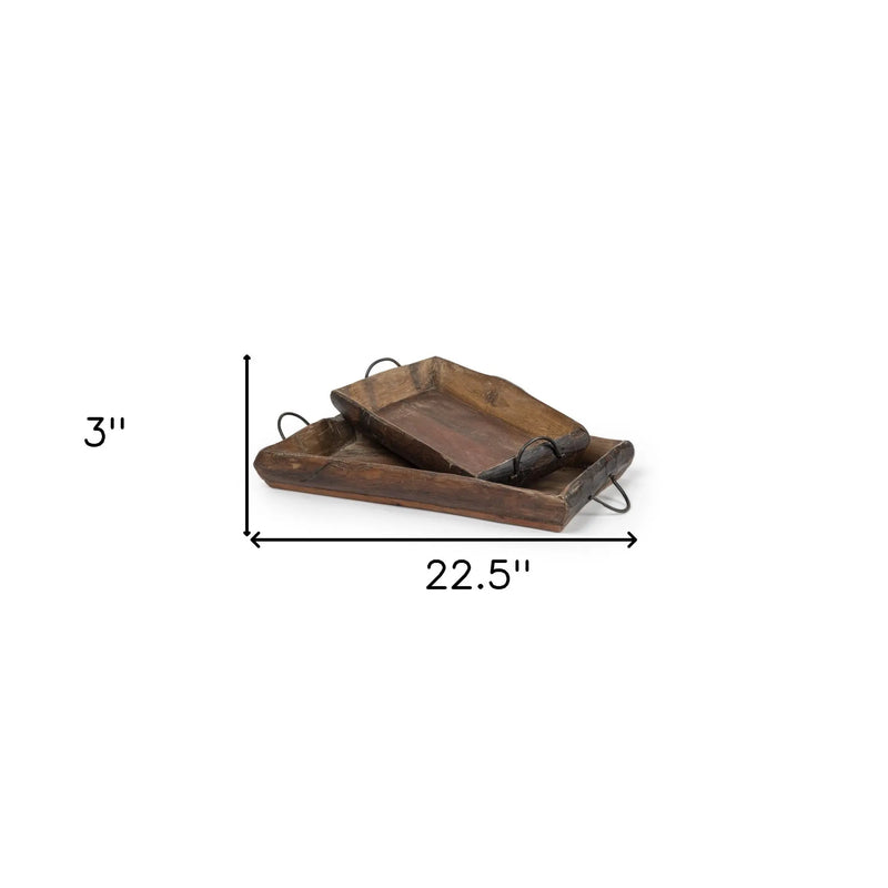 Set of Two Brown Rectangular Wood Indoor Outdoor Serving Tray With Handles Homeroots Kitchen & Dining