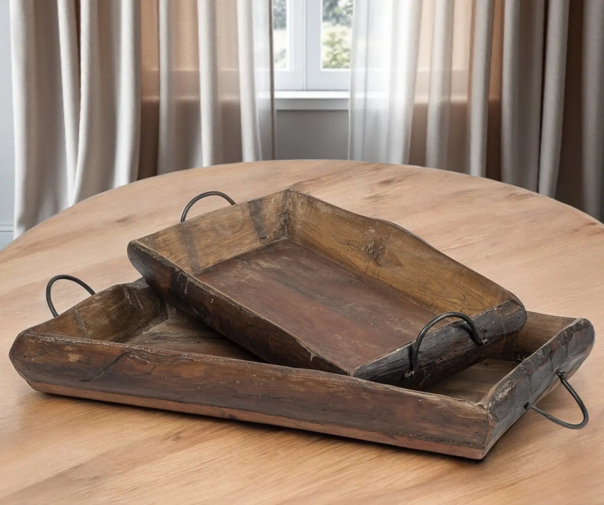 Set of Two Brown Rectangular Wood Indoor Outdoor Serving Tray With Handles Homeroots Kitchen & Dining