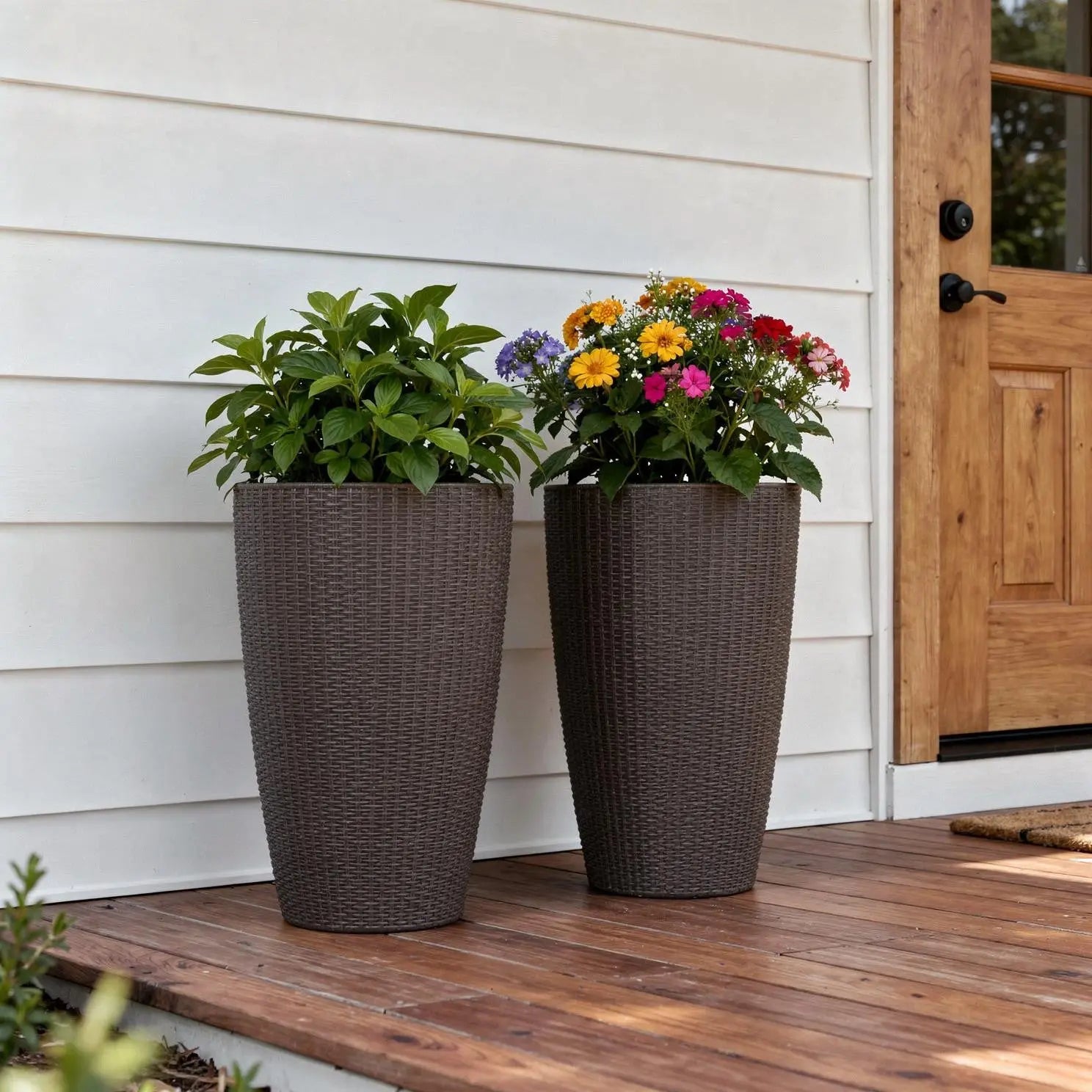 Set of Two Brown Recycled Plastic Round Self Watering Planter Box Homeroots Outdoor