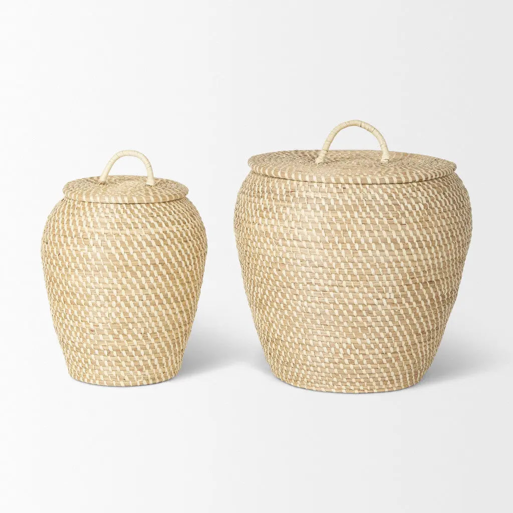 Set of Two Brown Seagrass Basket With Lid Homeroots Office