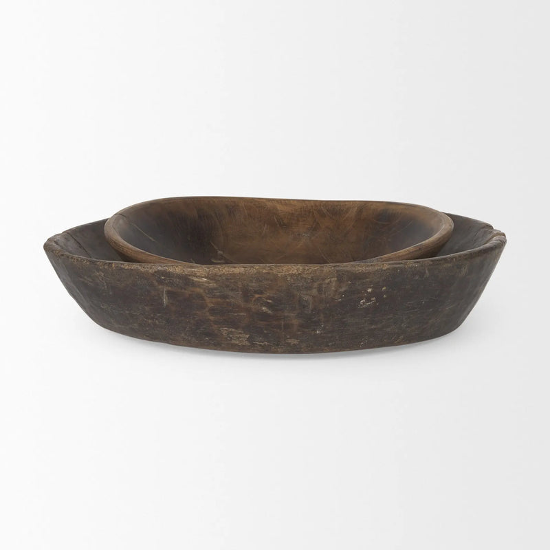 Set of Two Brown Solid Wood Round Centerpiece Bowl Homeroots Kitchen & Dining