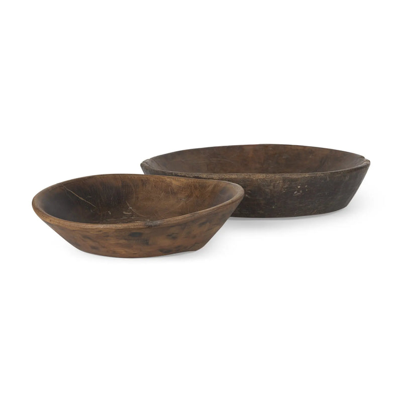 Set of Two Brown Solid Wood Round Centerpiece Bowl Homeroots Kitchen & Dining