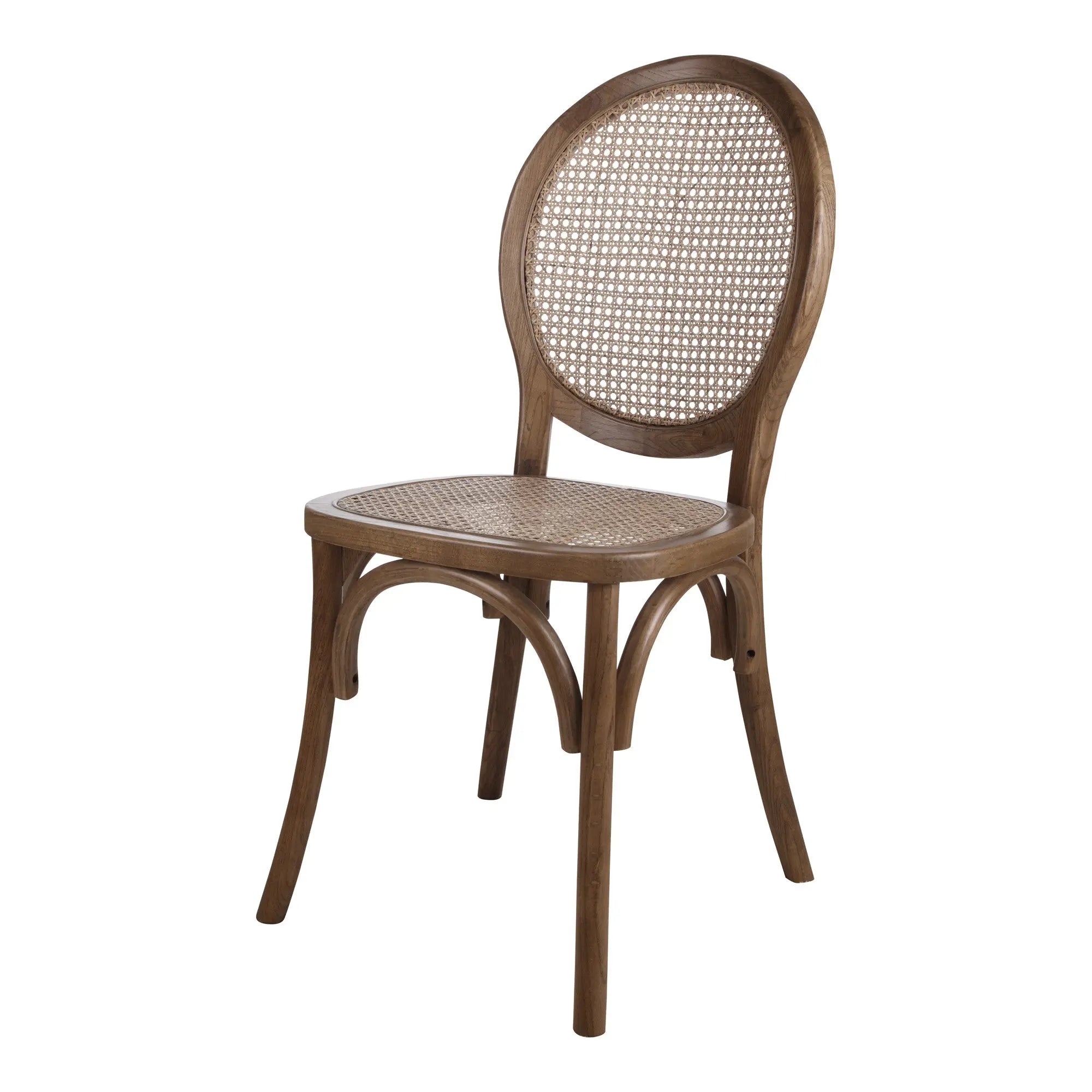 Vintage-inspired brown wooden chair with caned backrest and seat, perfect for dining or accent decor.