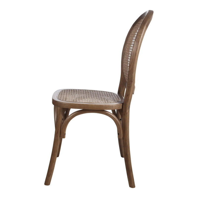 Natural wood dining chair with a rattan seat and back, featuring a classic elegant design.